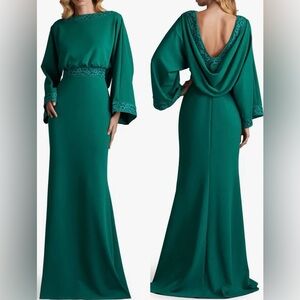 Tadashi Shoji Crepe Embroidered Trim Boat Neck Dolman Long Sleeve Deep Cowl Back